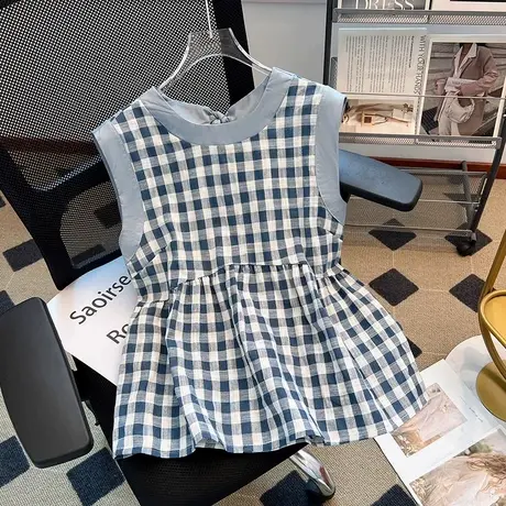 拉夏贝尔韩系撞色格子无袖棉麻衬衫女夏季收腰法式背心娃娃衫上衣商品大图