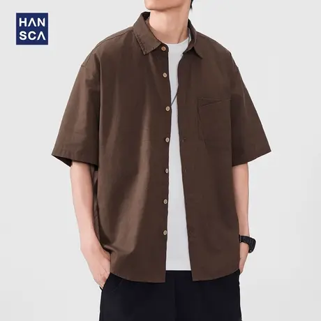 hansca棉麻凉爽短袖衬衫男2025夏季透气舒适设计感口袋青少年衬衣商品大图