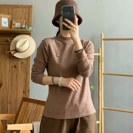 dza复古宽松荷叶领宽松薄绒T恤女秋冬休闲长袖打底衫显瘦短款上衣图片