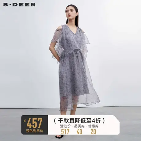 sdeer圣迪奥碎花连衣裙装圆领露肩网纱雪纺V领长裙S223Z1250商品大图