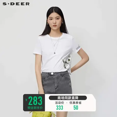 sdeer圣迪奥女装简约圆领字母猫咪短袖T恤S23280127🍃商品大图