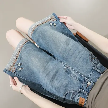 民族风刺绣阔腿牛仔短裤女夏季薄款高腰宽松五分裤复古显瘦直筒裤商品大图