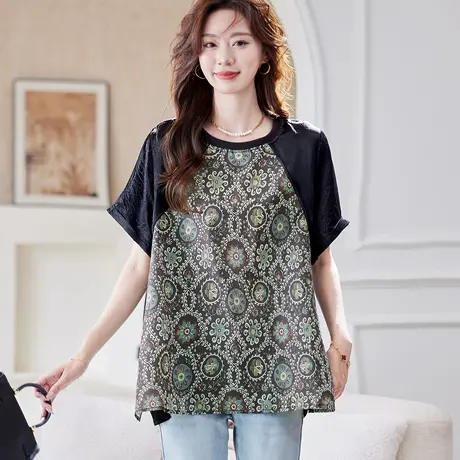 宝诗黎圆领印花拼接短袖T恤女2025夏季时尚百搭宽松洋气醋酸上衣图片