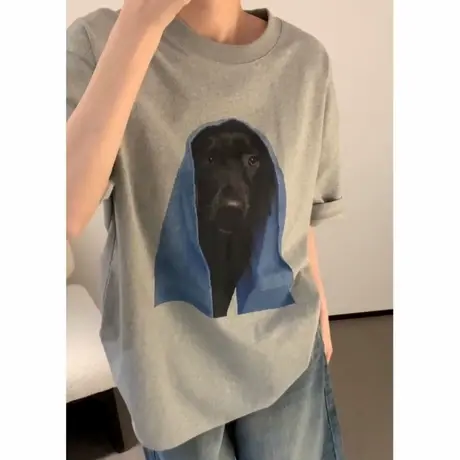 美式复古卡通浴巾小狗印花短袖t恤女小个子夏季洋气宽松百搭上衣商品大图