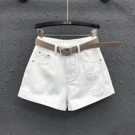 个性设计感亮片蝴蝶结牛仔短裤女25夏季新款高腰显瘦白色a字热裤商品大图