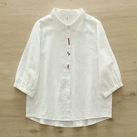 夏装韩版双层棉纱七分袖衬衫女宽松百搭文艺清新刺绣纯棉中袖上衣图片