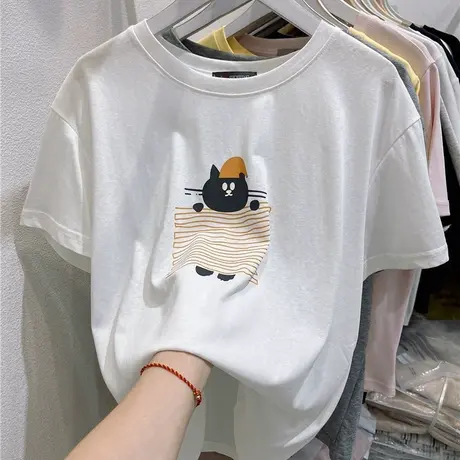 2025夏季新款韩版百搭t恤宽松显瘦可爱猫咪印花圆领雪花棉短袖女商品大图