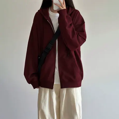 安可拉红连帽卫衣外套女早秋开衫高级感大码ins潮美式慵懒风上衣商品大图