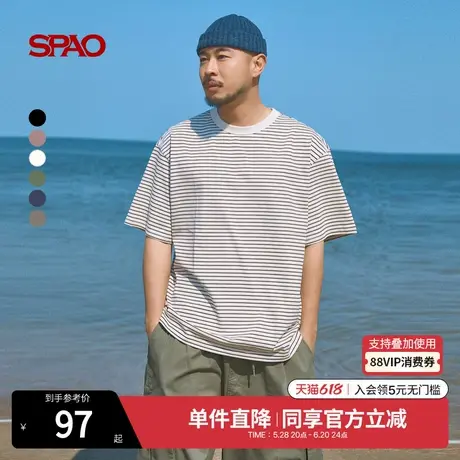 SPAO韩国同款2025年夏季新品男士时尚圆领休闲日常条纹短袖T恤图片