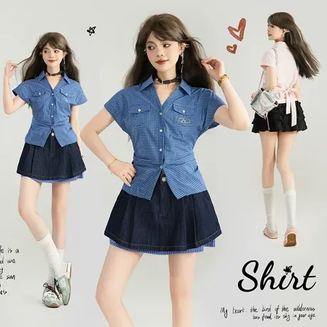 KEIKO 美式高街格纹短袖衬衫女2025夏季辣妹复古修身显瘦V领上衣图片