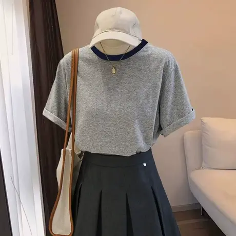 拼接撞色圆领短袖T恤女2025夏季新款宽松韩版打底衫外穿半袖上衣图片