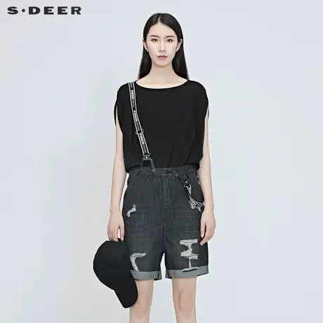 sdeer圣迪奥女装夏季字母破洞卷边背带牛仔中裤S20280703商品大图