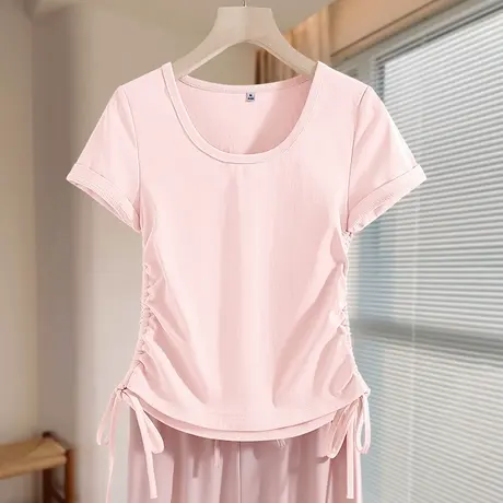 KV真维斯粉色修身短袖t恤女夏2025新款薄款正肩抽褶收腰短款上衣商品大图