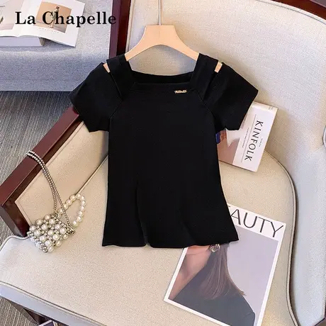 拉夏贝尔黑色露肩上衣女2025夏季新款百搭小个子气质显瘦短袖t恤图片