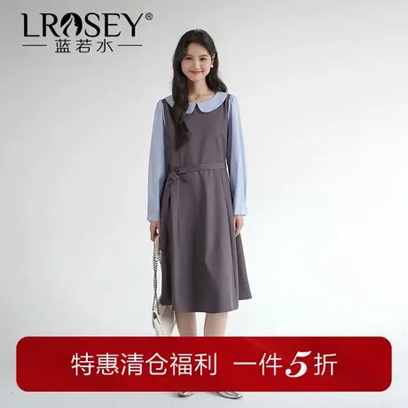 蓝若水大码女装假两件长袖连衣裙微胖mm秋装减龄收腰a字裙商品大图