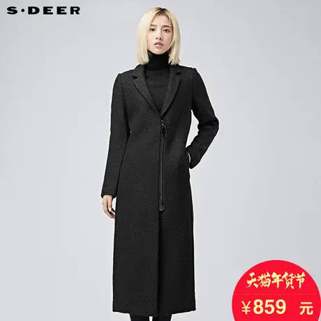 sdeer圣迪奥2018冬装肌理感斜襟修身翻领长款毛呢大衣女S16481891图片