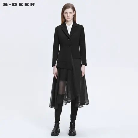 sdeer圣迪奥女装2022新款西装领网纱拼接不规则长款风衣S22161809图片