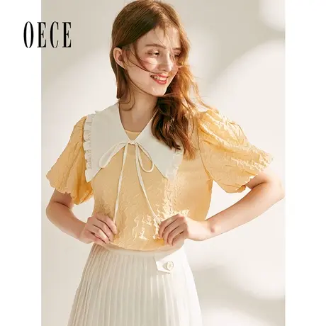 oece春夏新款女装可爱法式显白樱草黄甜美娃娃领泡泡袖上衣商品大图