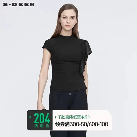 sdeer圣迪奥夏季休闲半高领打底衫雪纺拼接针织T恤女S21280102图片