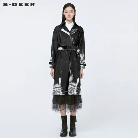 sdeer圣迪奥女装休闲翻领收腰双排扣字母水墨长款风衣S21481845图片