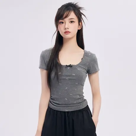 尔给短袖t恤女2024新款爆款夏季方领气质短款上衣女时尚洋气时髦图片