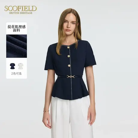 Scofield女装藏青色学院风衬衫短袖奢感珍珠扣衬衣夏季新品图片