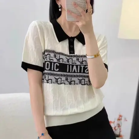 2025新款天丝短袖针织T恤polo领条纹复古民族风夏装上衣新款宽松图片