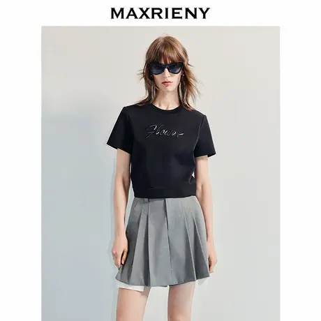 [3件8折]MAXRIENY精致日常干重工钻饰截短t恤简约短袖上衣气质感图片