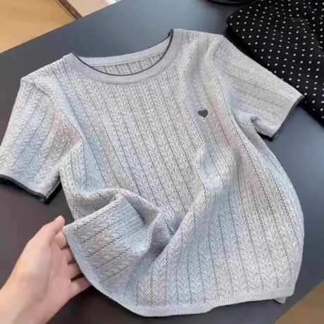 圆领针织衫刺绣短袖t恤女2025新款夏季韩系设计感小众正肩上衣服图片