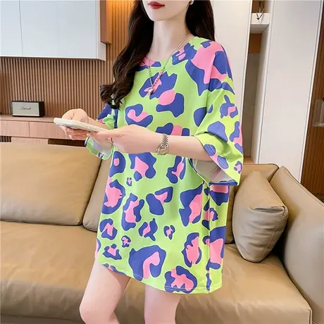 大码女装中长款短袖t恤女夏季2025新款遮屁股宽松慵懒风扎染上衣商品大图