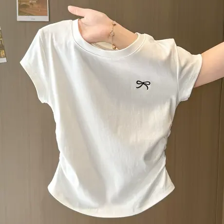 设计感小众蝴蝶结刺绣短袖T恤女夏季修身短款正肩褶皱掐腰上衣潮商品大图