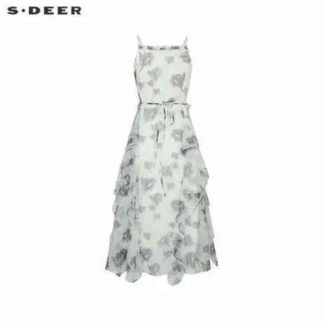 sdeer圣迪奥女装复古印花网纱荷叶边吊带连衣裙S242Z1266商品大图