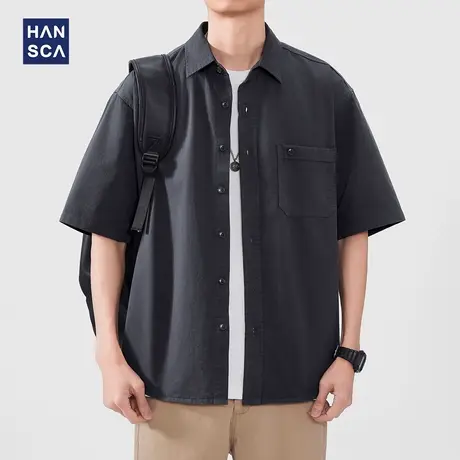 hansca纯棉洗水翻领短袖衬衫男2025夏季立体口袋透气宽松落肩衬衣商品大图