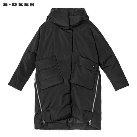 sdeer圣迪奥2018冬装新款拉链口袋落肩高领连帽长羽绒服S18462406图片