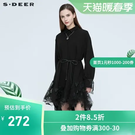 sdeer圣迪奥冬装优雅休闲翻领网纱蝴蝶贴布衬衫连衣裙女S20461208😹商品大图