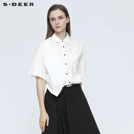 sdeer圣迪奥夏季翻领拼接撞色抽绳短袖白衬衫女S21260419👔商品大图