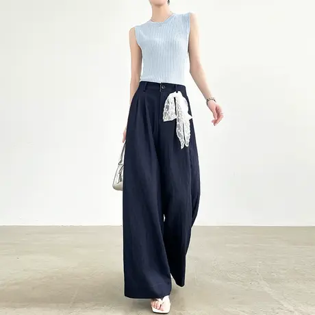 藏蓝色蕾丝系带阔腿裤女夏季薄款高腰宽松显瘦垂感休闲直筒拖地裤商品大图