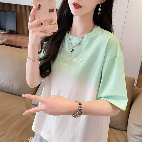 渐变色扎染短袖t恤女夏季2024新款韩版宽松大码女装小个子上衣服商品大图