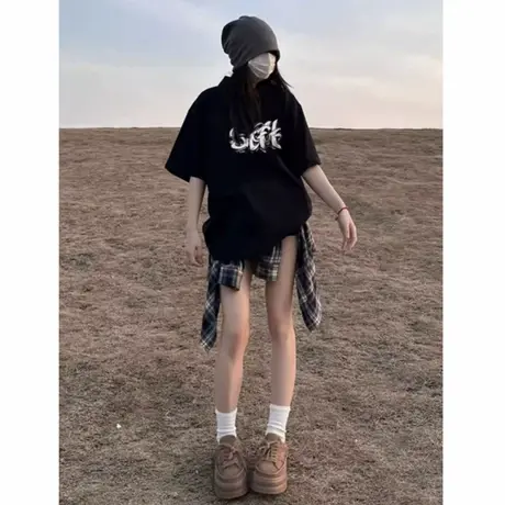 欧洲站黑色中长款大版夏季短袖t恤女2025新爆款欧货潮牌宽松上衣商品大图