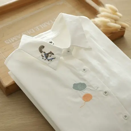 夏季新品文艺小清新刺绣猫咪短袖衬衫女学生宽松纯棉半袖衬衣上衣图片