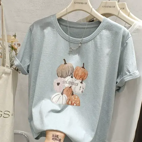 2025夏季韩版清新ins南瓜印花雪花棉短袖T恤女显瘦宽松百搭上衣潮商品大图