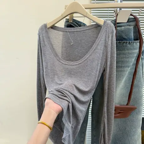 夏季2025新款u领长袖防晒罩衫女修身韩版薄款微透外穿空调上衣T恤商品大图