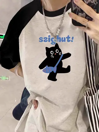 2024新款撞色纯棉T恤女小个子慵懒风大码短袖ins潮休闲闺蜜上衣夏图片