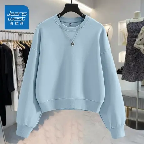 NOE真维斯蓝色圆领卫衣外套女2025新款春秋款薄款女宽松短款上衣商品大图