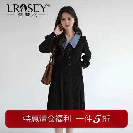 蓝若水大码女装撞色翻领灯芯绒连衣裙胖mm秋季新款收腰赫本风裙子商品大图