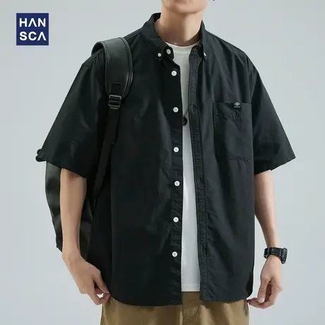 hansca日系复古重磅短袖衬衫男夏季潮牌黑色宽松休闲痞帅大码上衣商品大图