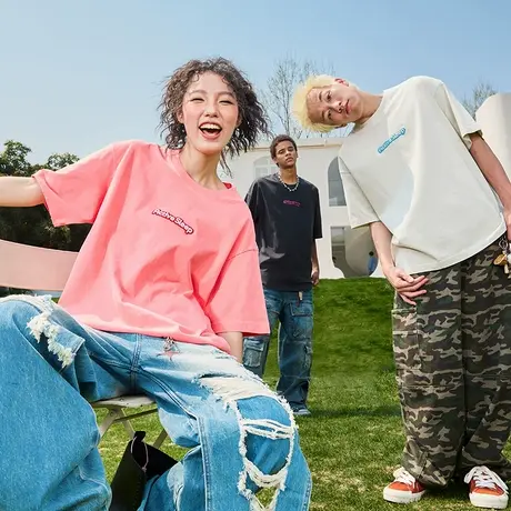 Nuthink刺绣绣标多巴胺字母短袖T恤美式潮牌复古半袖男女2025新款图片