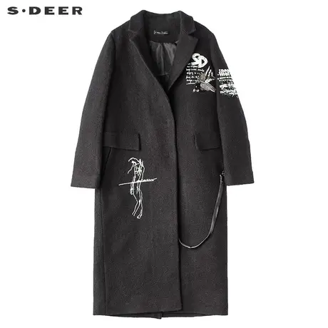 sdeer圣迪奥2018冬装抽象印花串珠亮片及膝休闲毛呢大衣S17481875图片