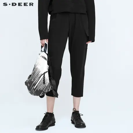deer圣迪奥春秋装休闲松紧拼接黑色哈伦裤九分裤S21180804图片