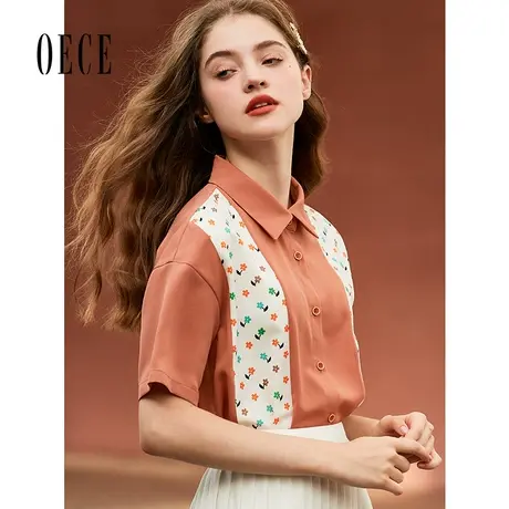 Oece夏装新款女装 复古港味泫雅风小碎花拼接衬衫衬衣上衣图片